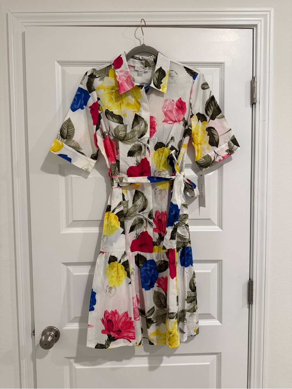 Calvin Klein White Floral Tie-Waist Dress with Yellow, Blue and Pink Blooms